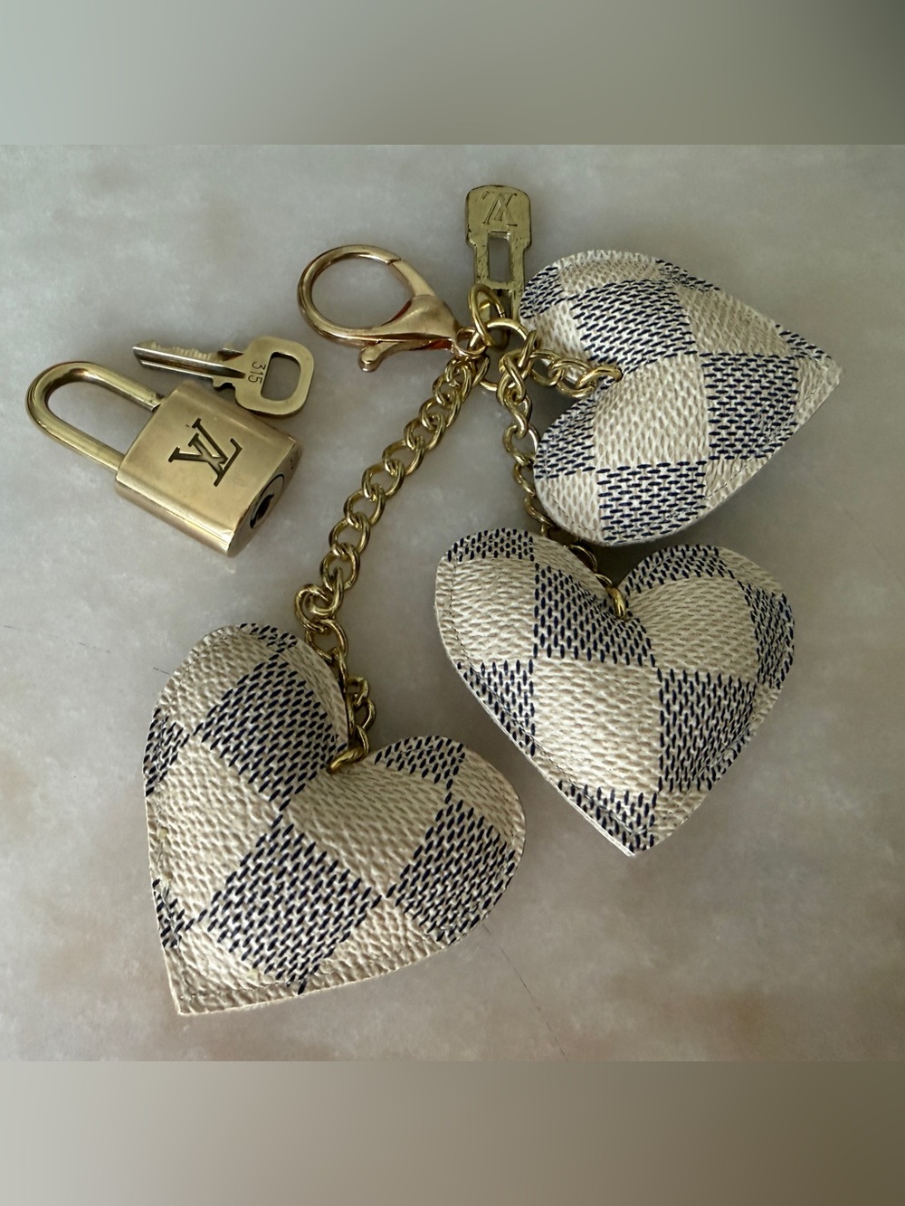 Louis Vuitton Vintage Lock & Key Upcycled Damier Azur 3-Heart BagCharm KeyHolder